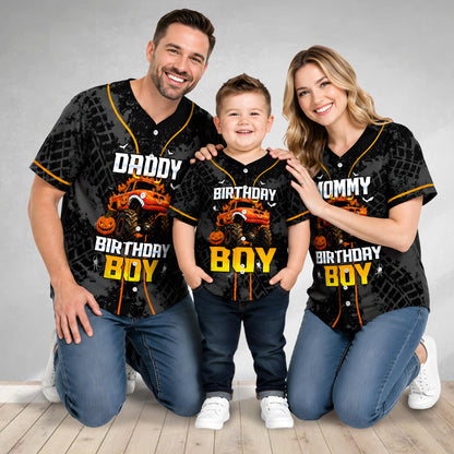 Lifestyle view of the custom baseball jersey with monster truck design