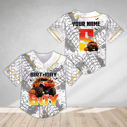 White monster truck halloween birthday baseball jersey, main view