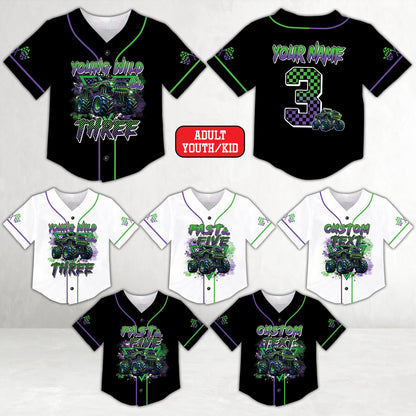 Front view of multicolor personalized monster truck baseball jersey