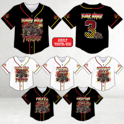 Front view of the multicolor monster truck baseball jersey design