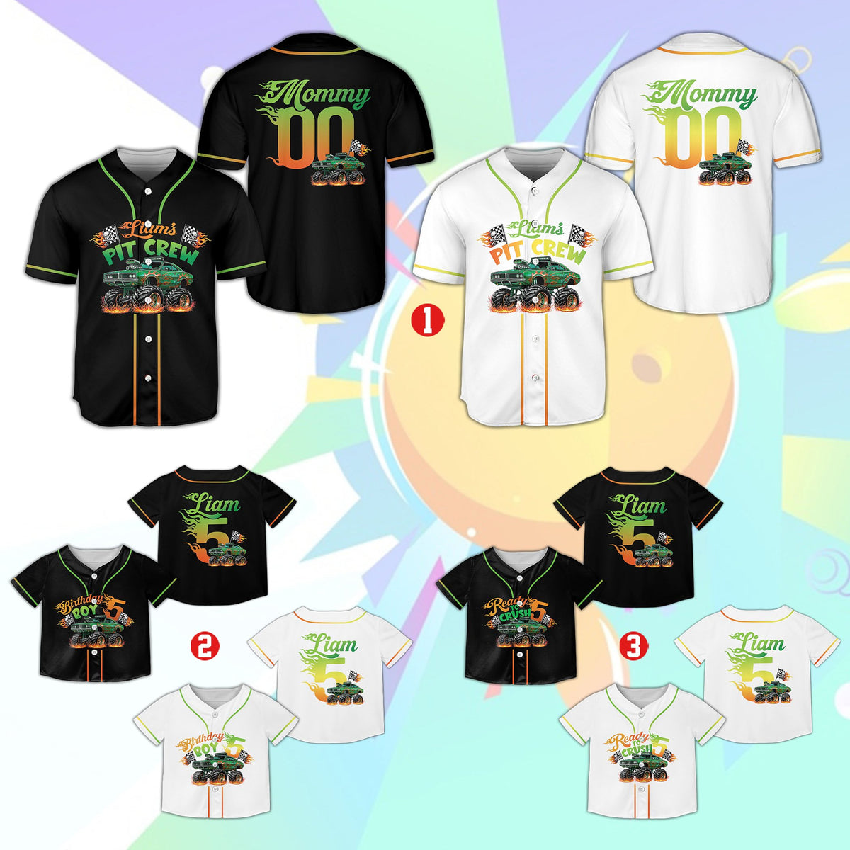 Personalized monster truck baseball jersey, multicolor front view