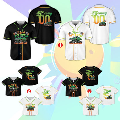 Personalized monster truck baseball jersey, multicolor front view