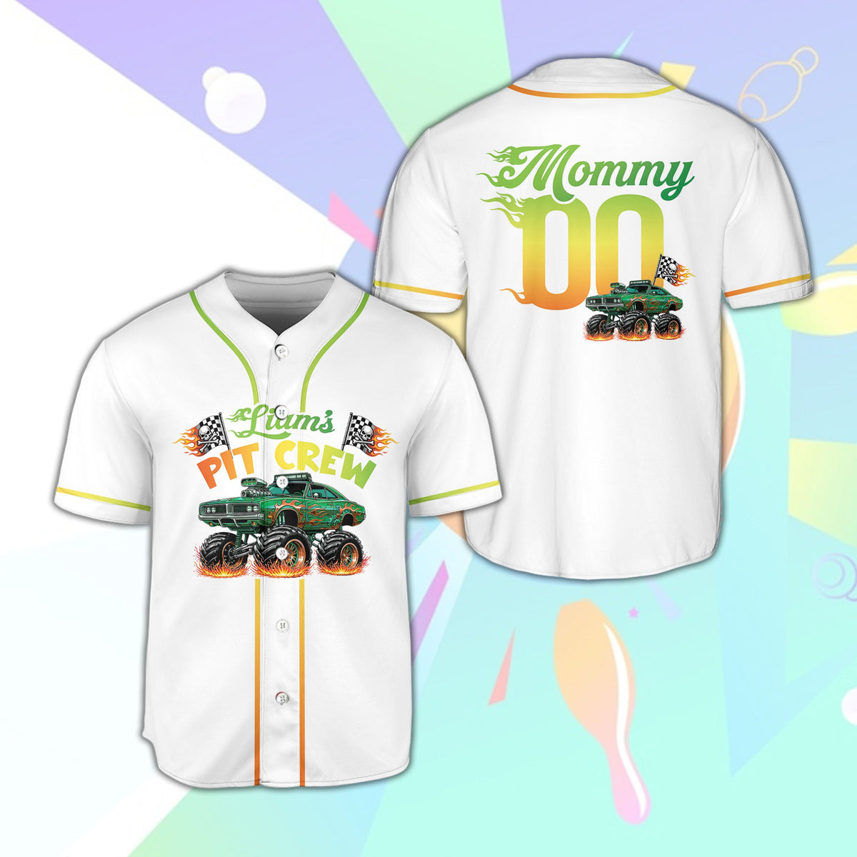 White monster truck baseball jersey, front view 3