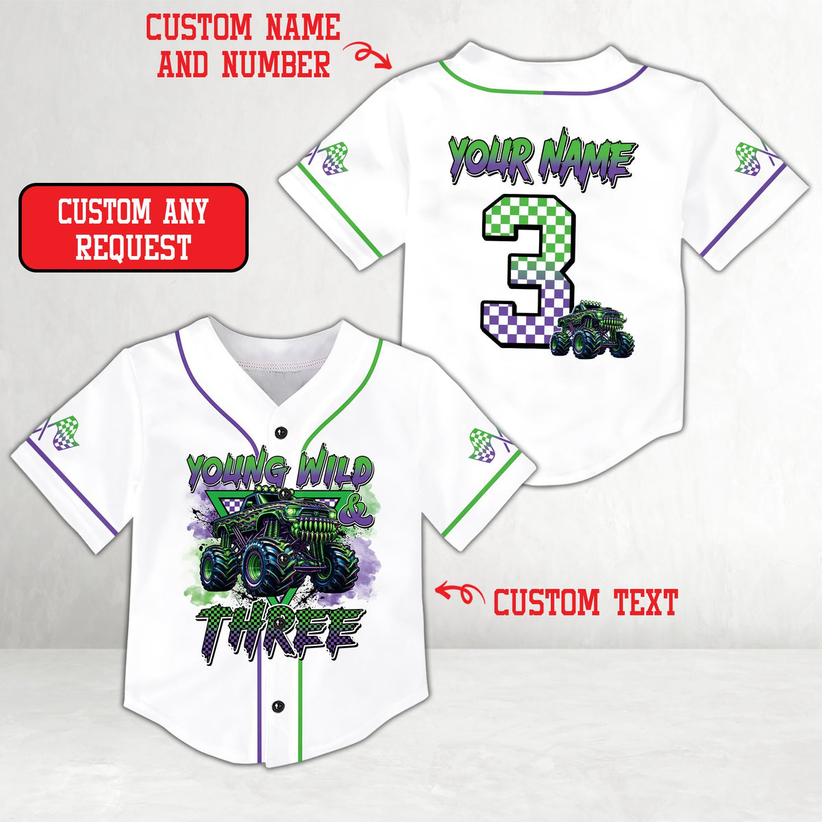Front view of white personalized monster truck baseball jersey