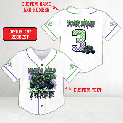 Front view of white personalized monster truck baseball jersey