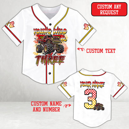 Front view of the white monster baseball jersey