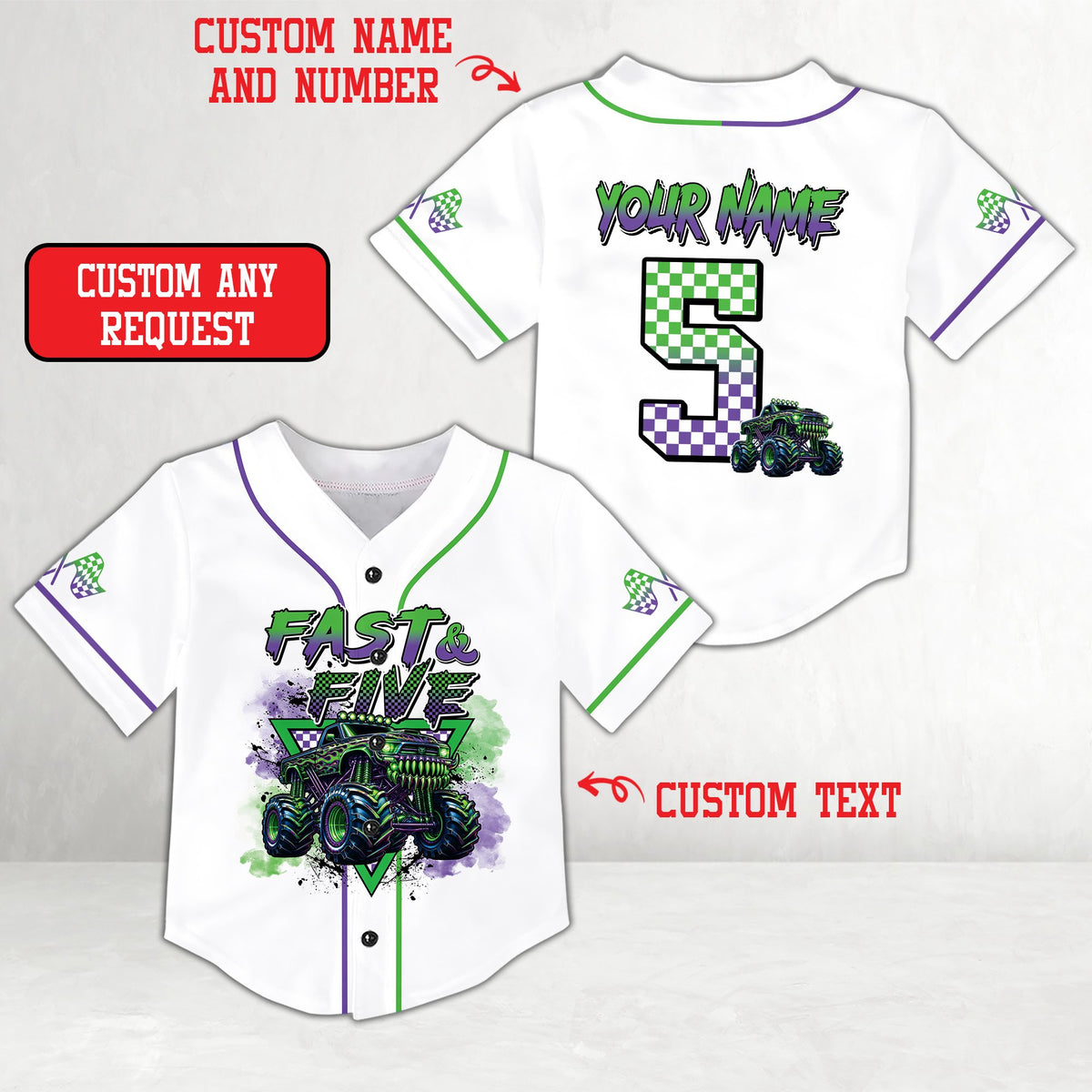 Detailed front view of white monster baseball jersey