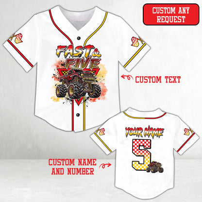 Front view of the white monster baseball jersey with red truck graphic