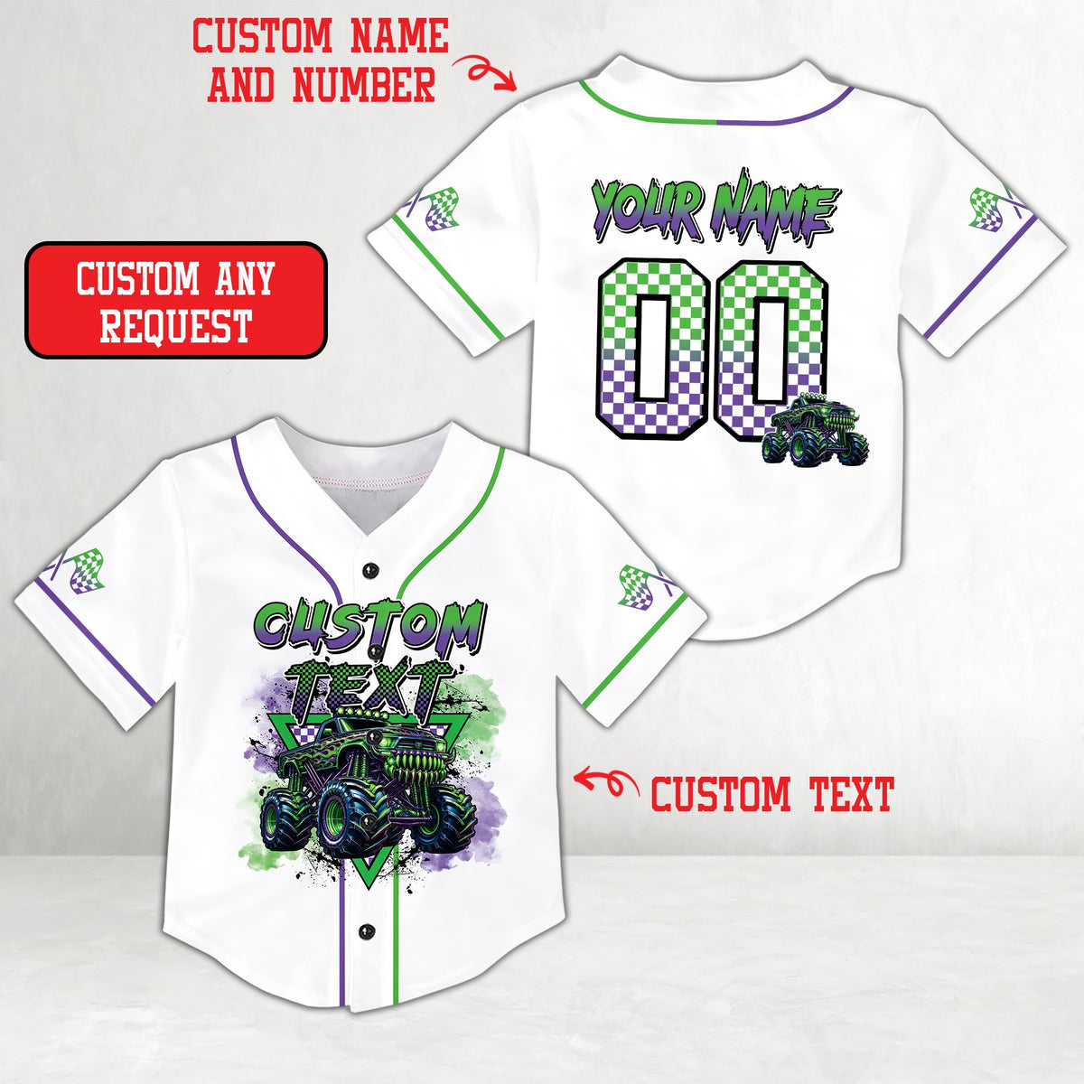 Close-up front view of white truck baseball jersey with checkered sleeve details