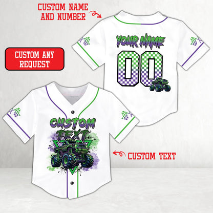 Close-up front view of white truck baseball jersey with checkered sleeve details