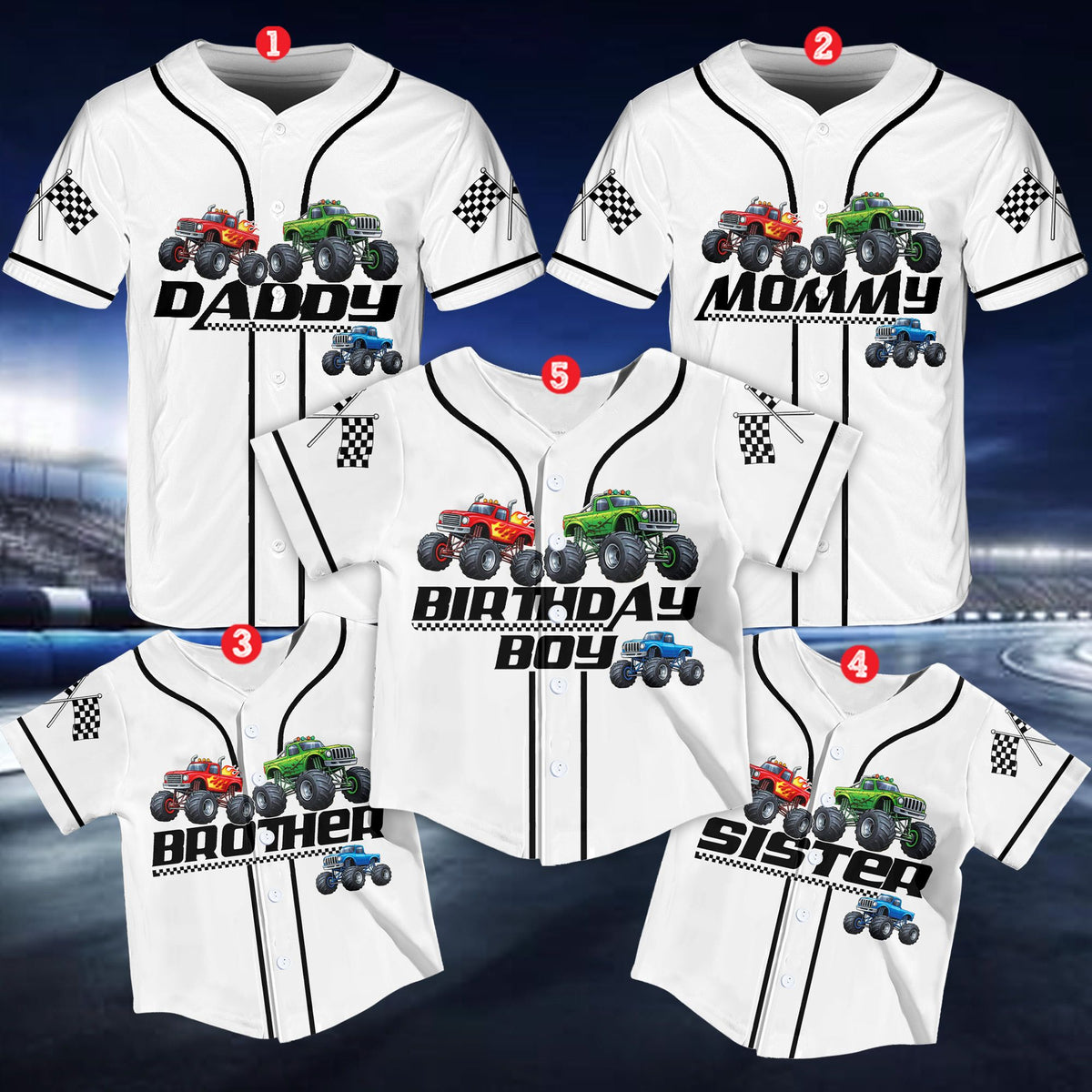 Monster trucks birthday baseball jersey design detail
