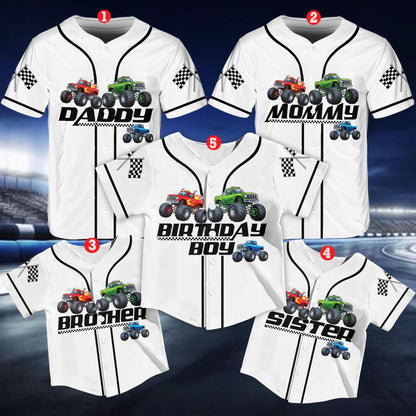 Monster trucks birthday baseball jersey design detail