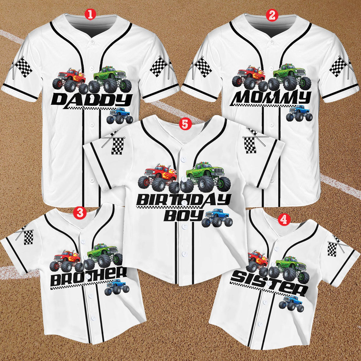 Family matching monster trucks birthday jersey style