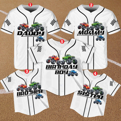 Family matching monster trucks birthday jersey style