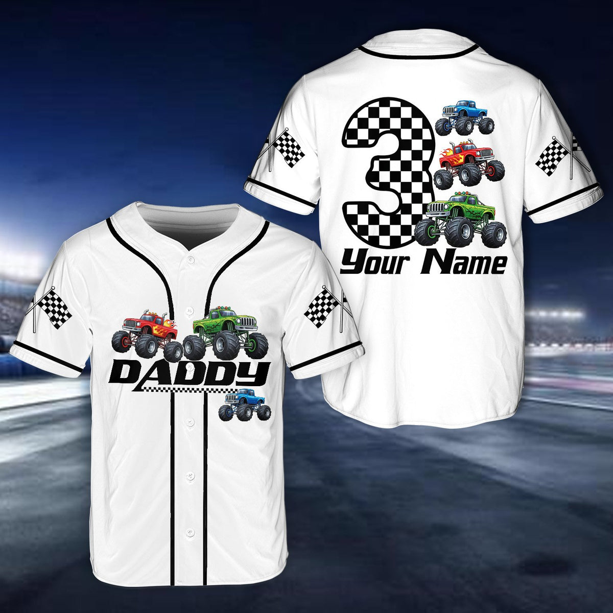 White polyester baseball jersey with colorful monster trucks