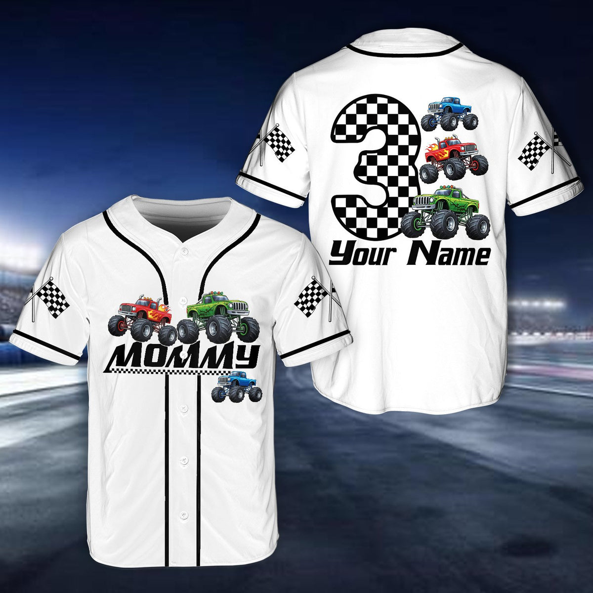 Custom family baseball jersey with monster trucks