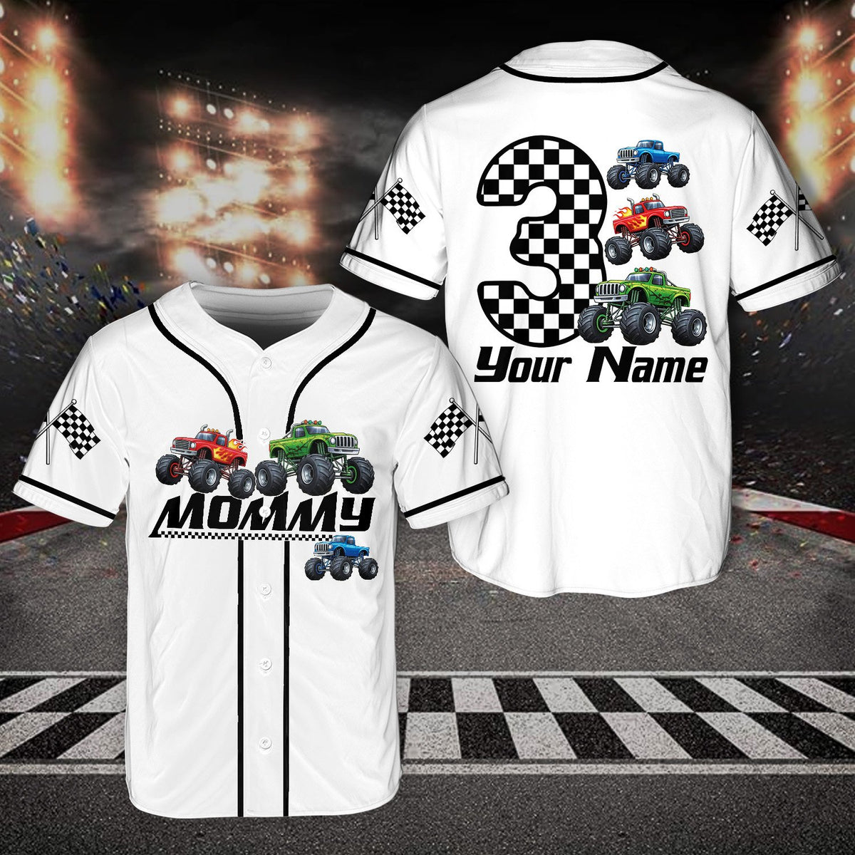 Personalized monster trucks birthday baseball jersey alternate front view
