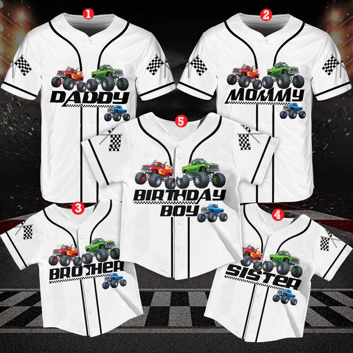 Personalized monster trucks birthday baseball jersey with custom name and number, main view
