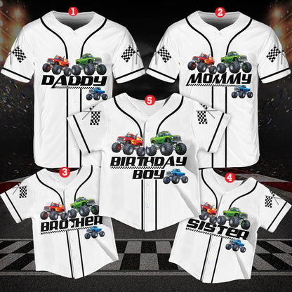 Personalized monster trucks birthday baseball jersey with custom name and number, main view