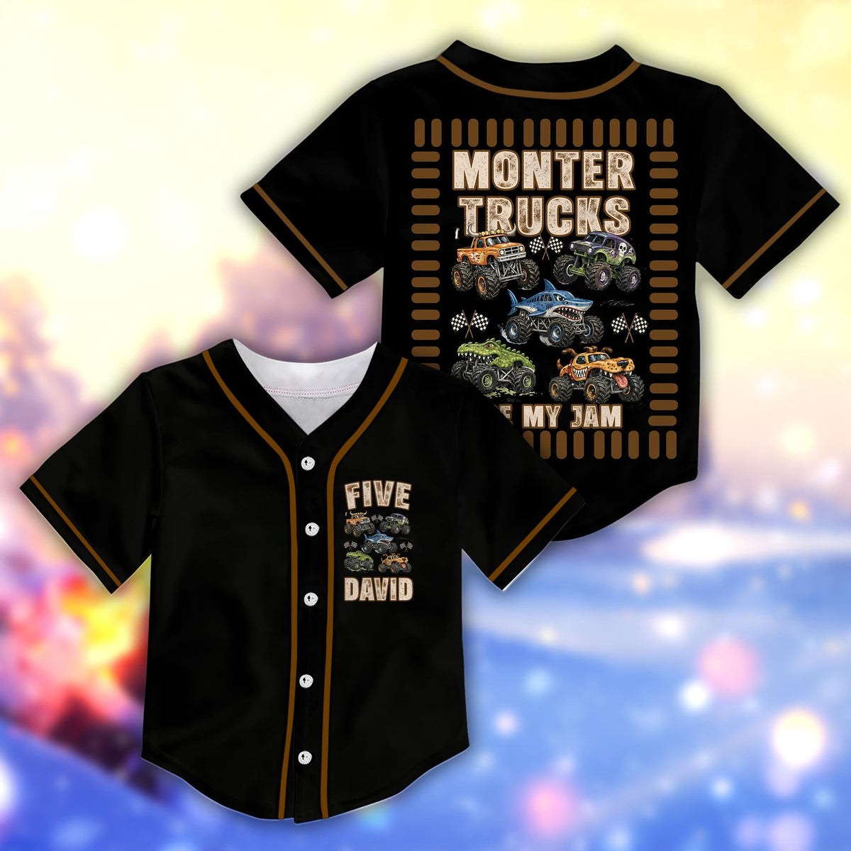 Black monster trucks baseball jersey front view showing chest design