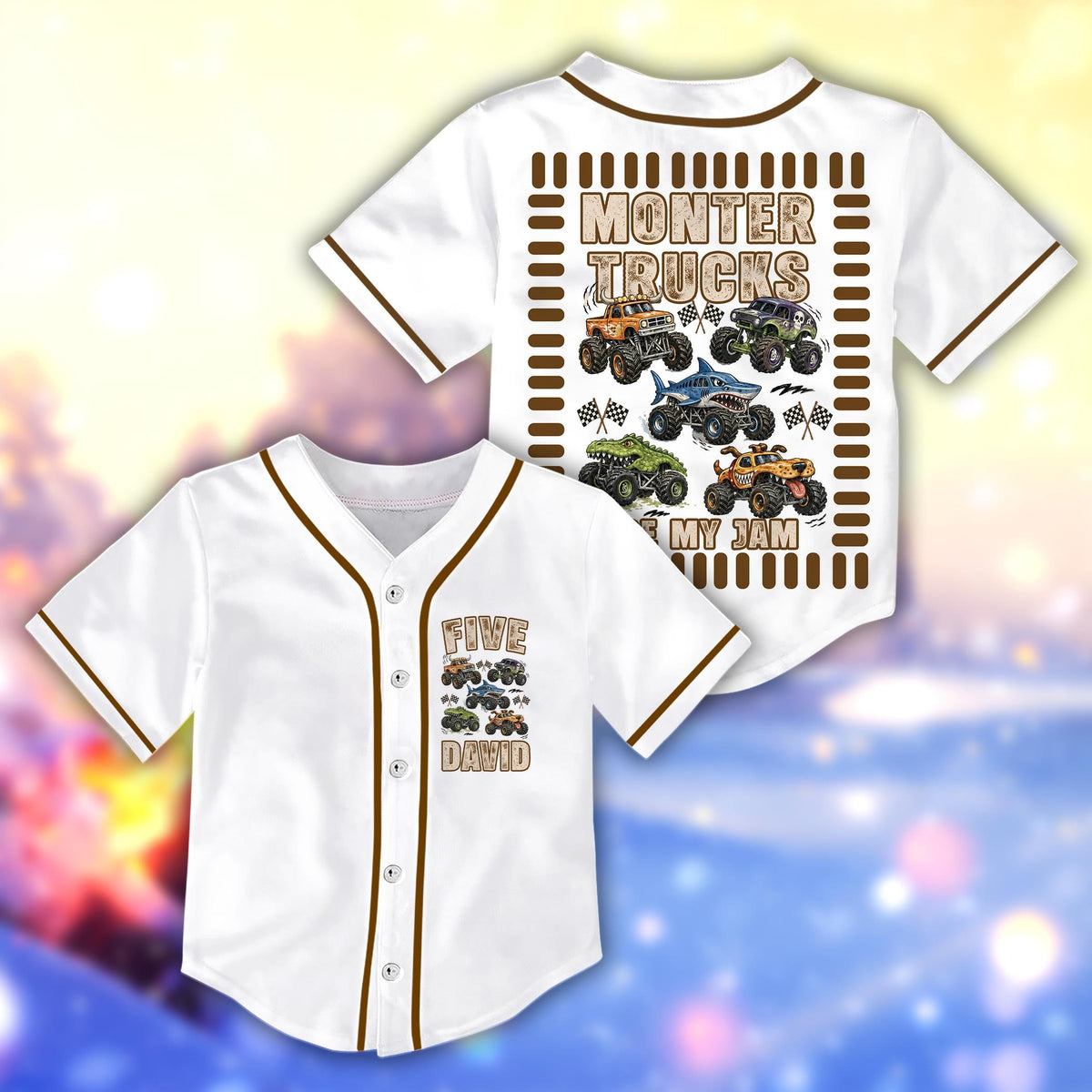 Personalized white monster baseball jersey front view featuring brown piping and custom graphics