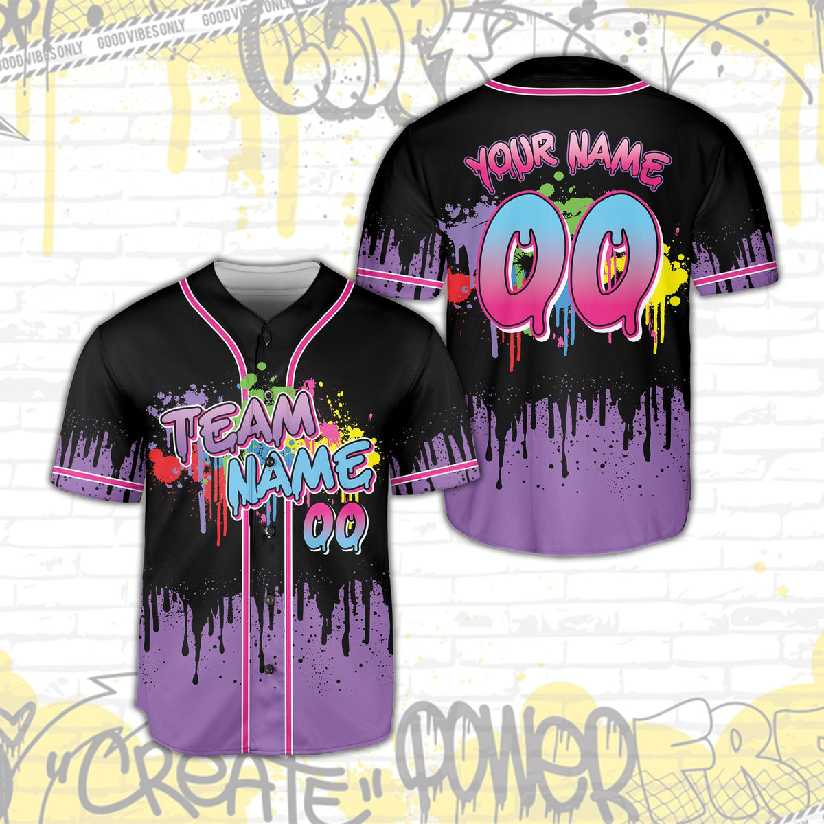 Close up of the brightly colored paint splatters on the custom baseball jersey