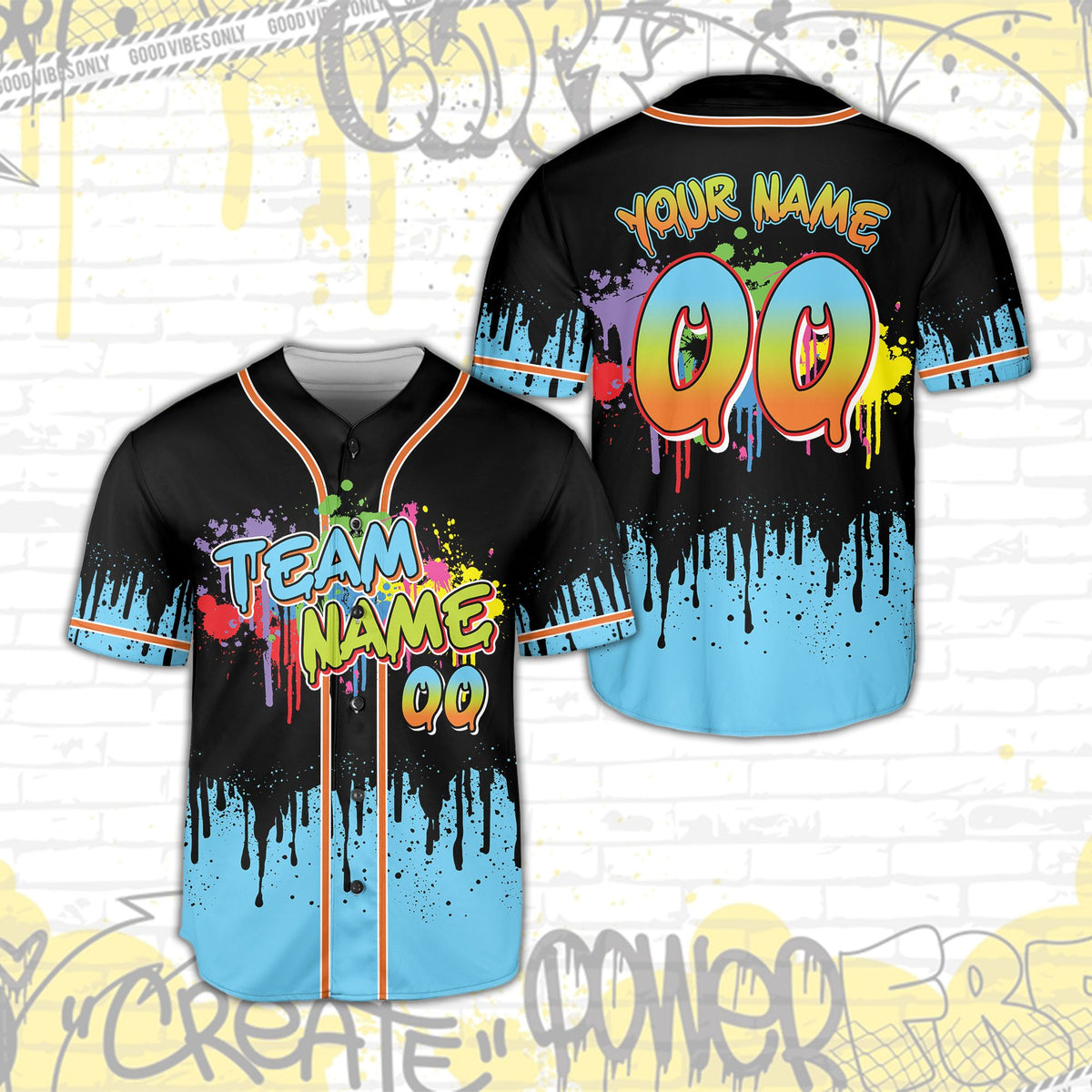 Personalized black neon baseball jersey with custom name and number, main front view