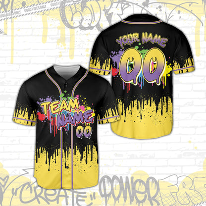Button-down front view of the abstract neon baseball jersey