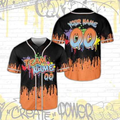 Custom baseball jersey showing vibrant blue, purple, pink, and yellow colors