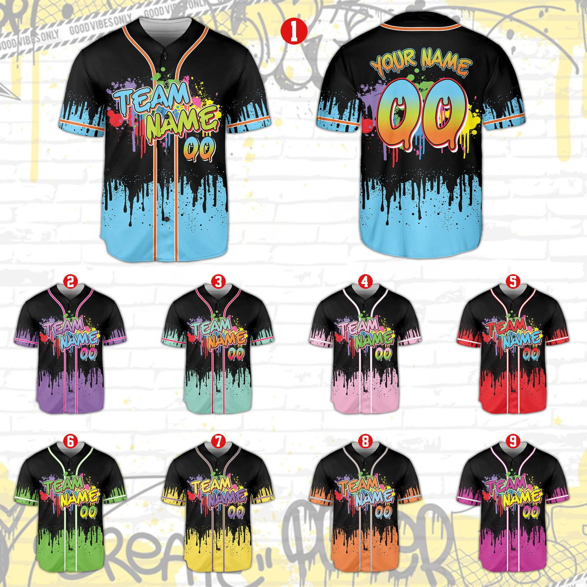 Front view of the abstract dripping paint neon baseball jersey