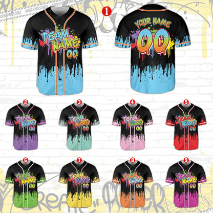 Front view of the abstract dripping paint neon baseball jersey