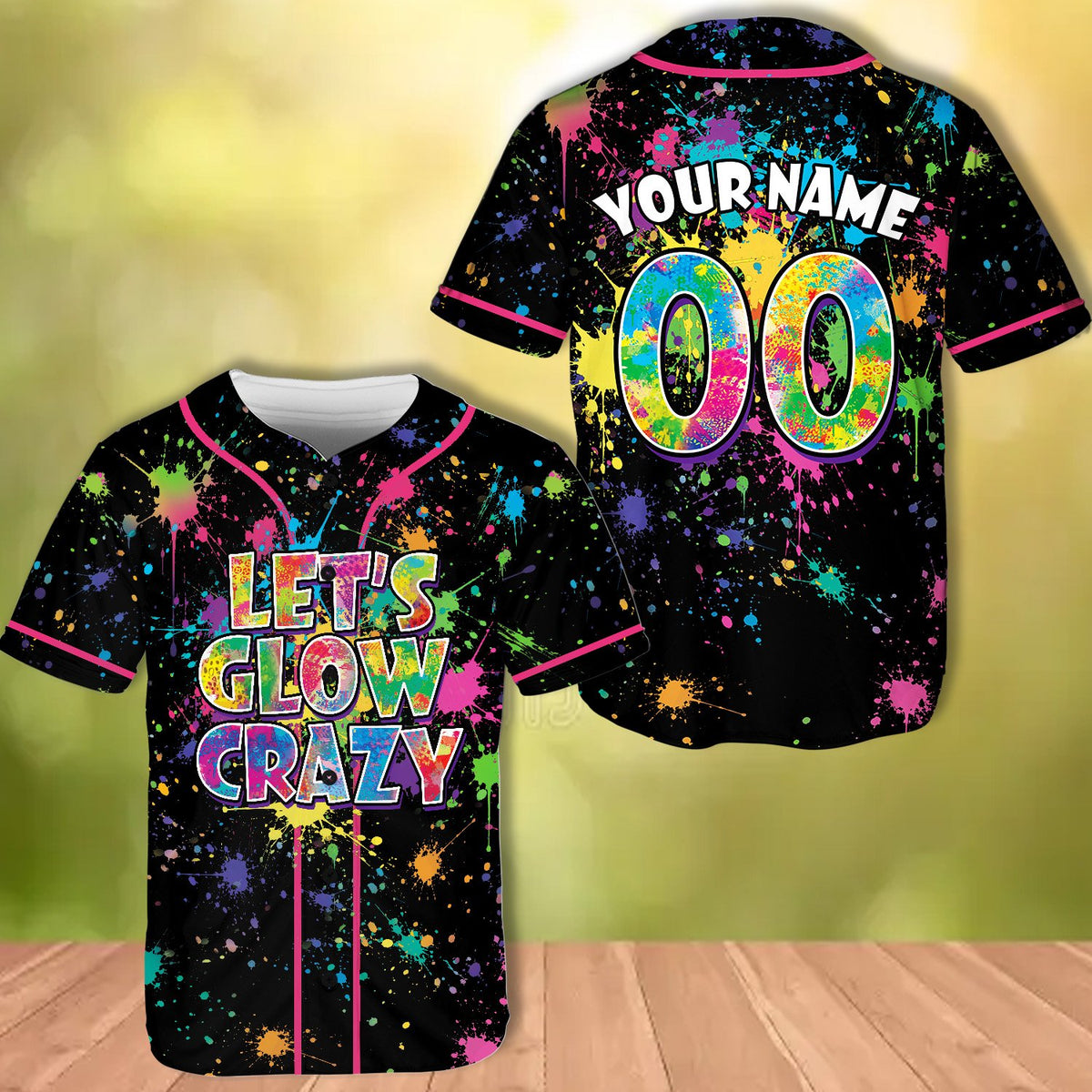 Black retro baseball jersey highlighting the neon paint splatter pattern