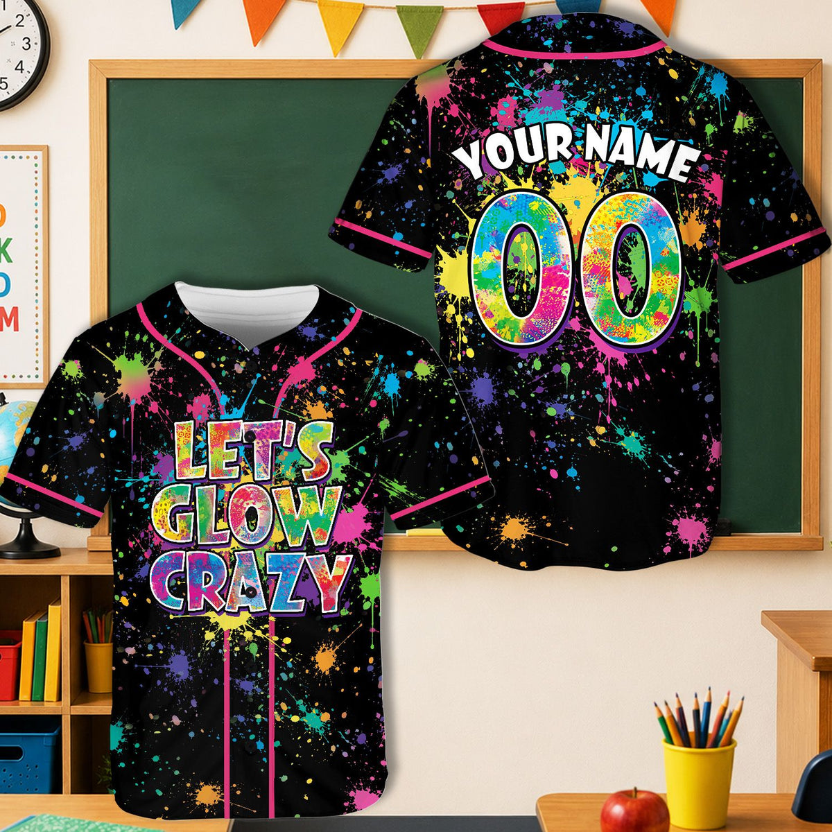 Black neon splatter baseball jersey showcasing the vibrant abstract design