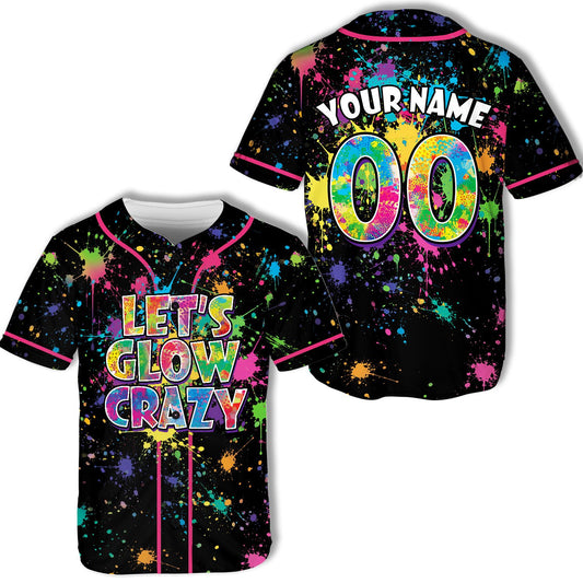 Personalized retro baseball jersey in black with neon splatter and custom name and number on the back