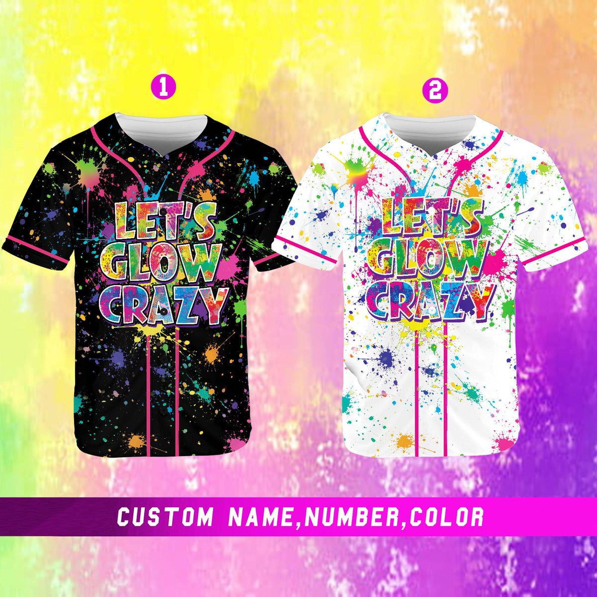 Front view of a personalized baseball jersey with multicolor neon splatter design