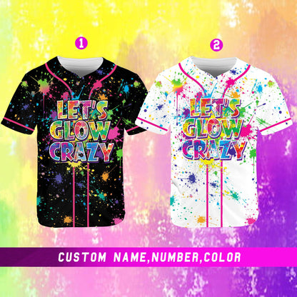Front view of a personalized baseball jersey with multicolor neon splatter design