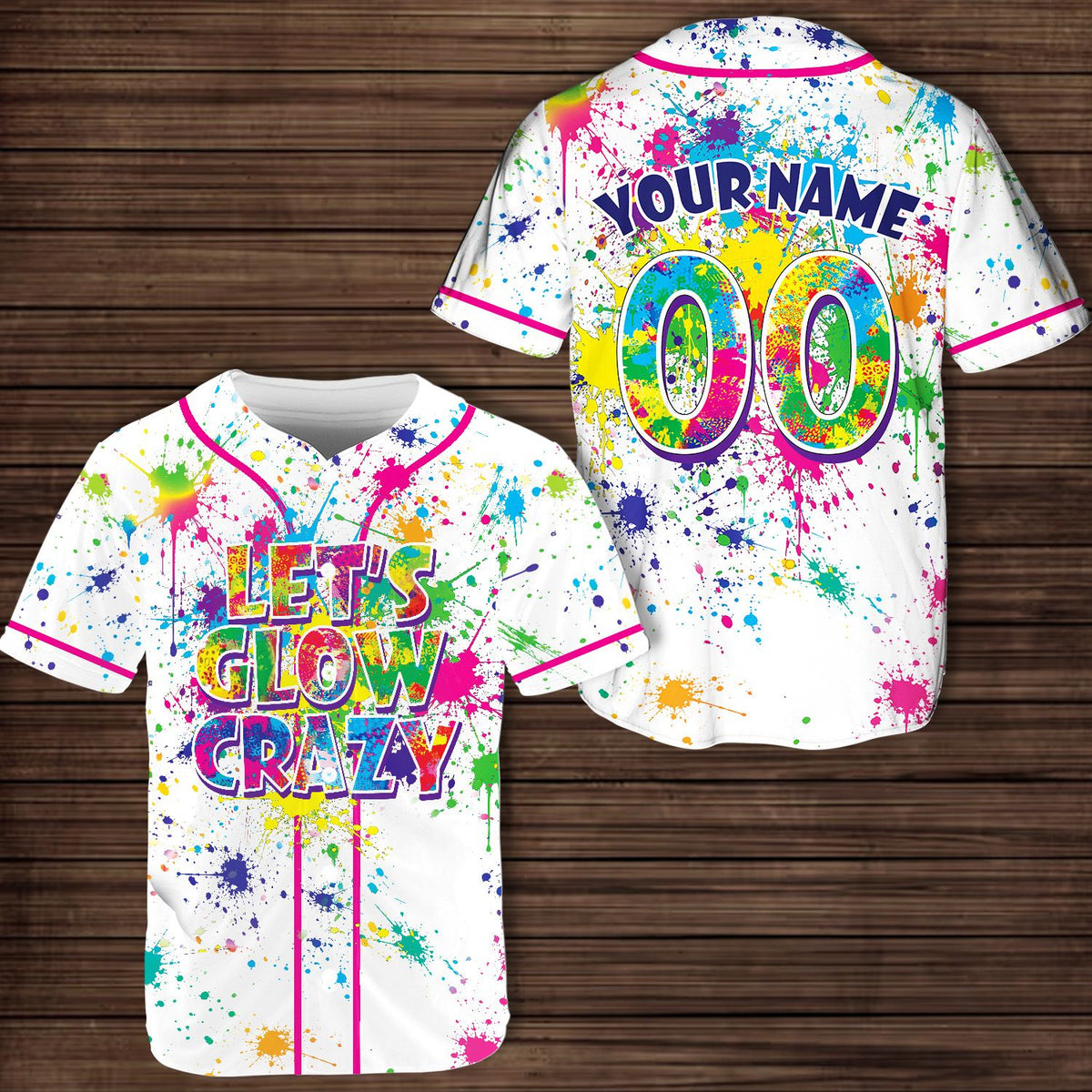White neon splatter personalized baseball jersey with custom text on front