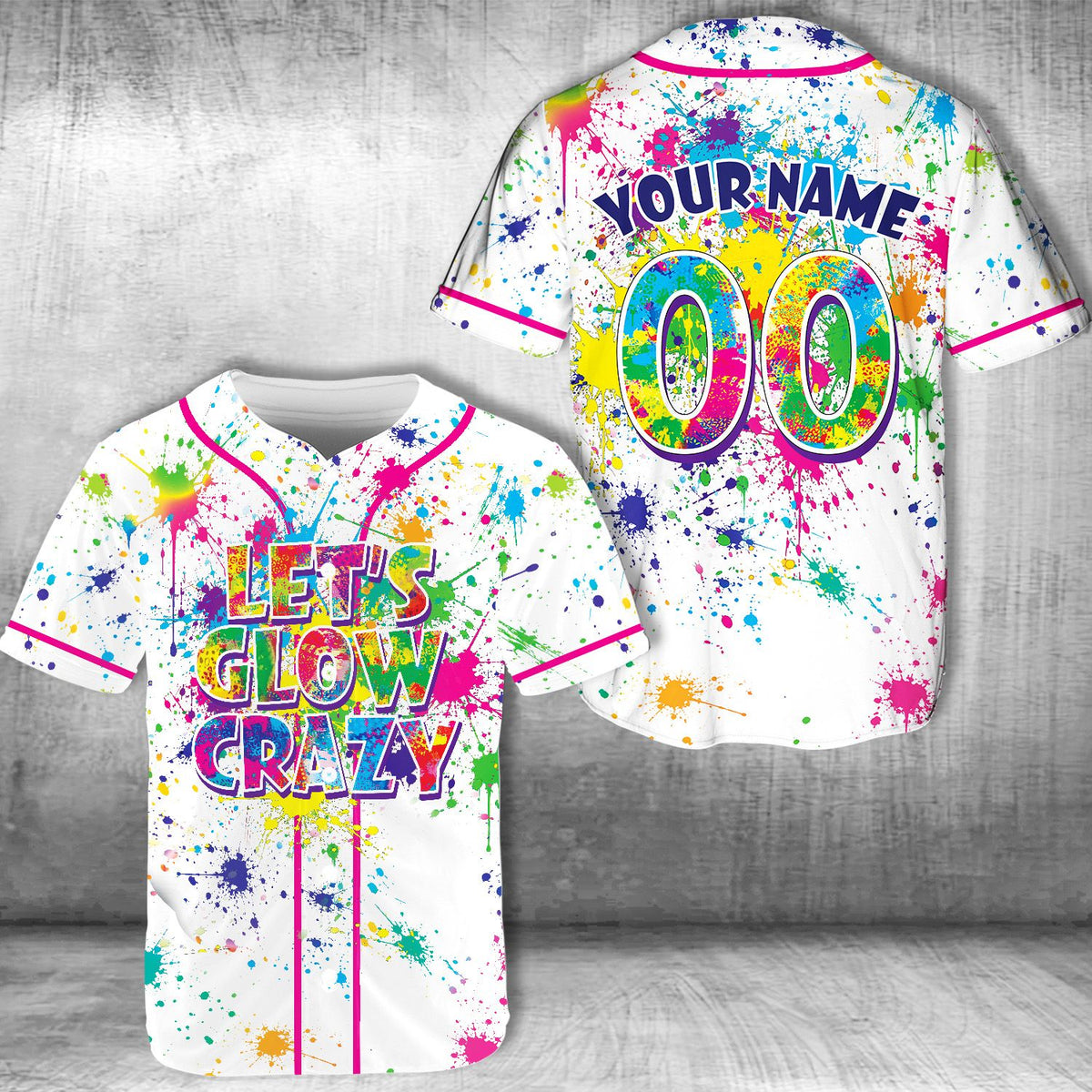 White retro baseball jersey featuring neon splatters and fun glow text