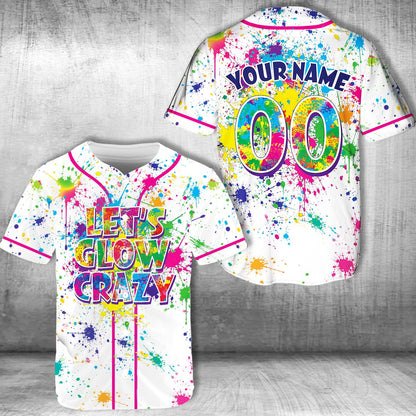 White retro baseball jersey featuring neon splatters and fun glow text