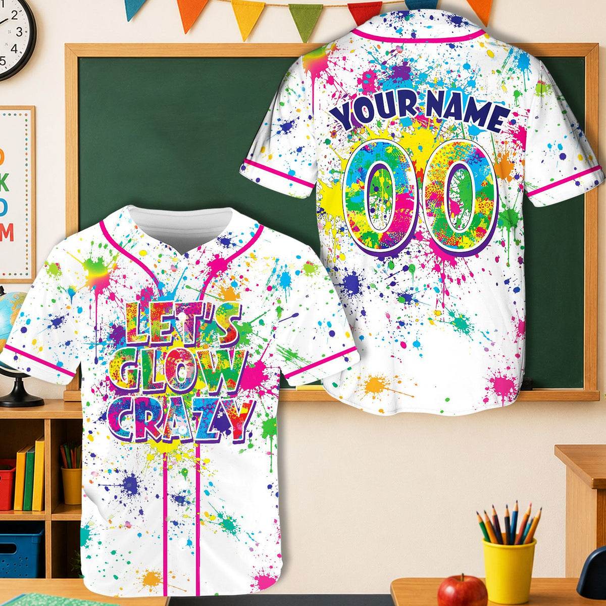 White personalized baseball jersey showing custom vibrant color accents