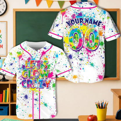 White personalized baseball jersey showing custom vibrant color accents