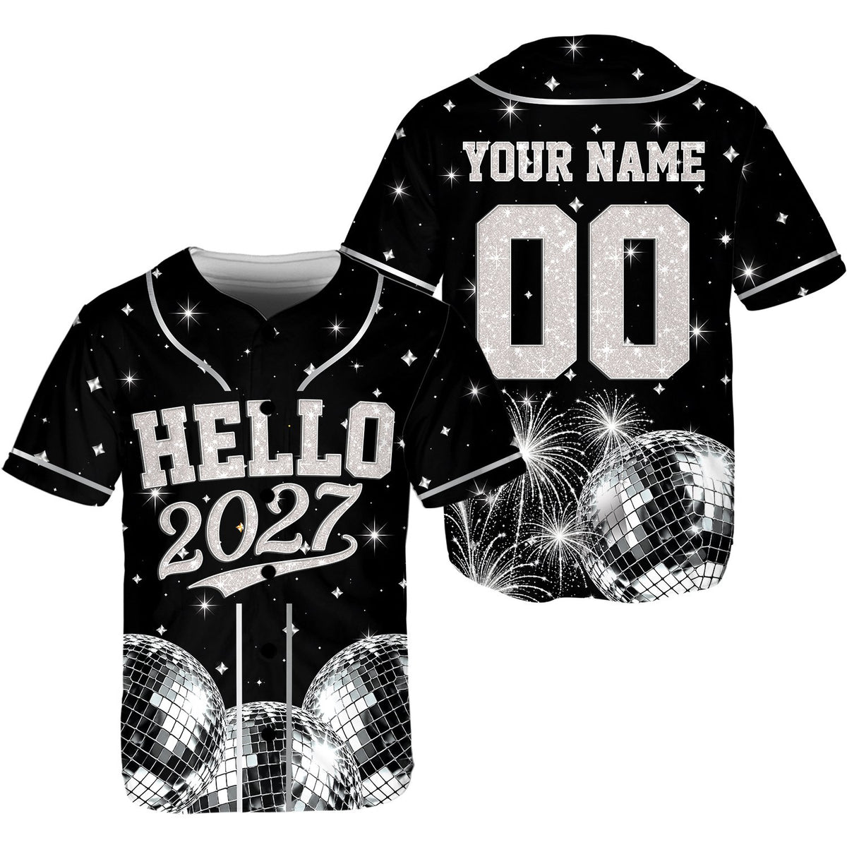 Third front view of the personalized black baseball jersey with stars