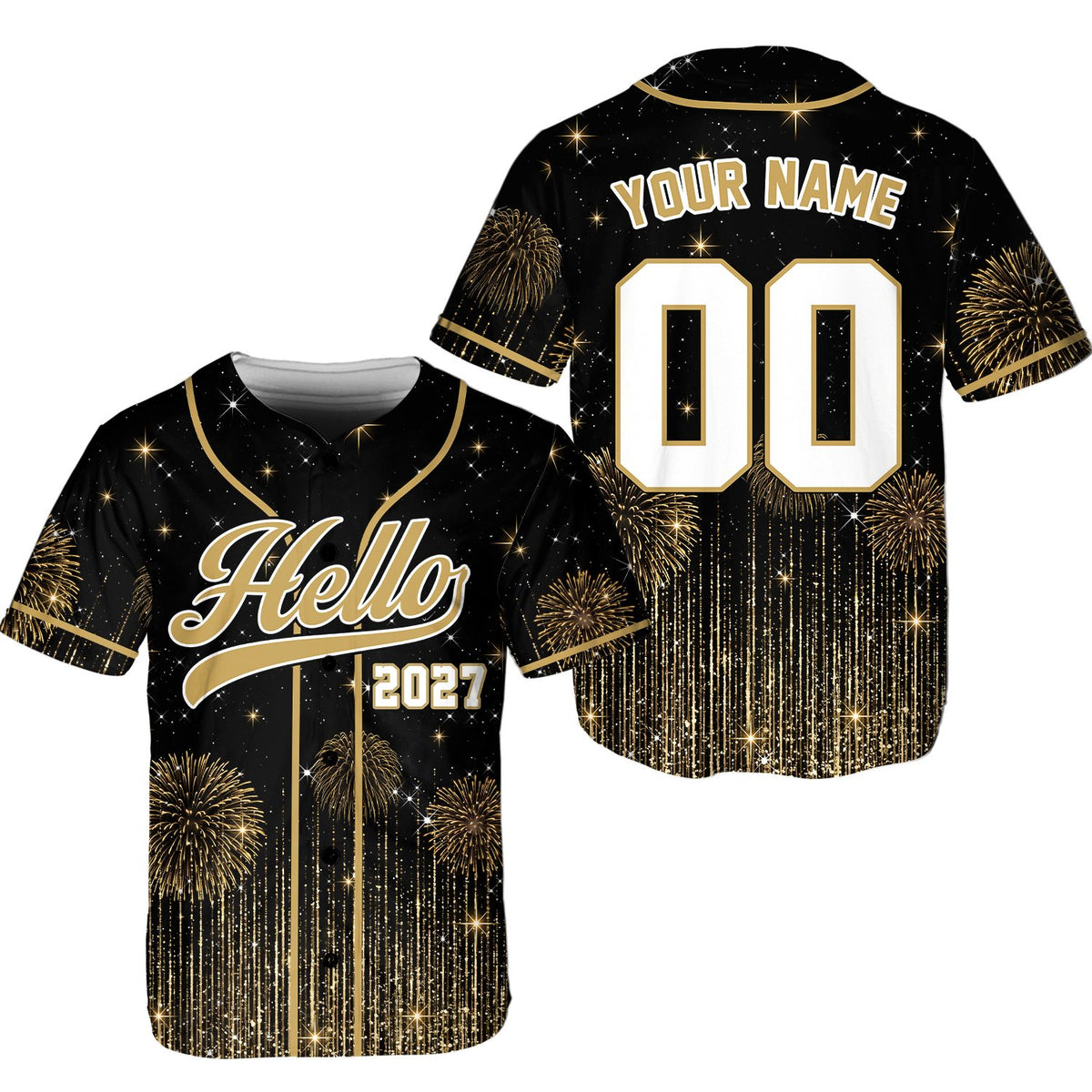 Festive New Year baseball jersey front detail with colorful fireworks