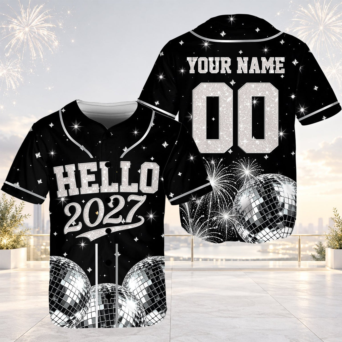 Front view of the personalized black baseball jersey with hello 2027 design