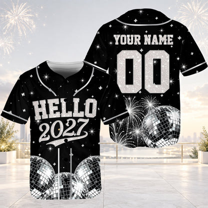 Front view of the personalized black baseball jersey with hello 2027 design