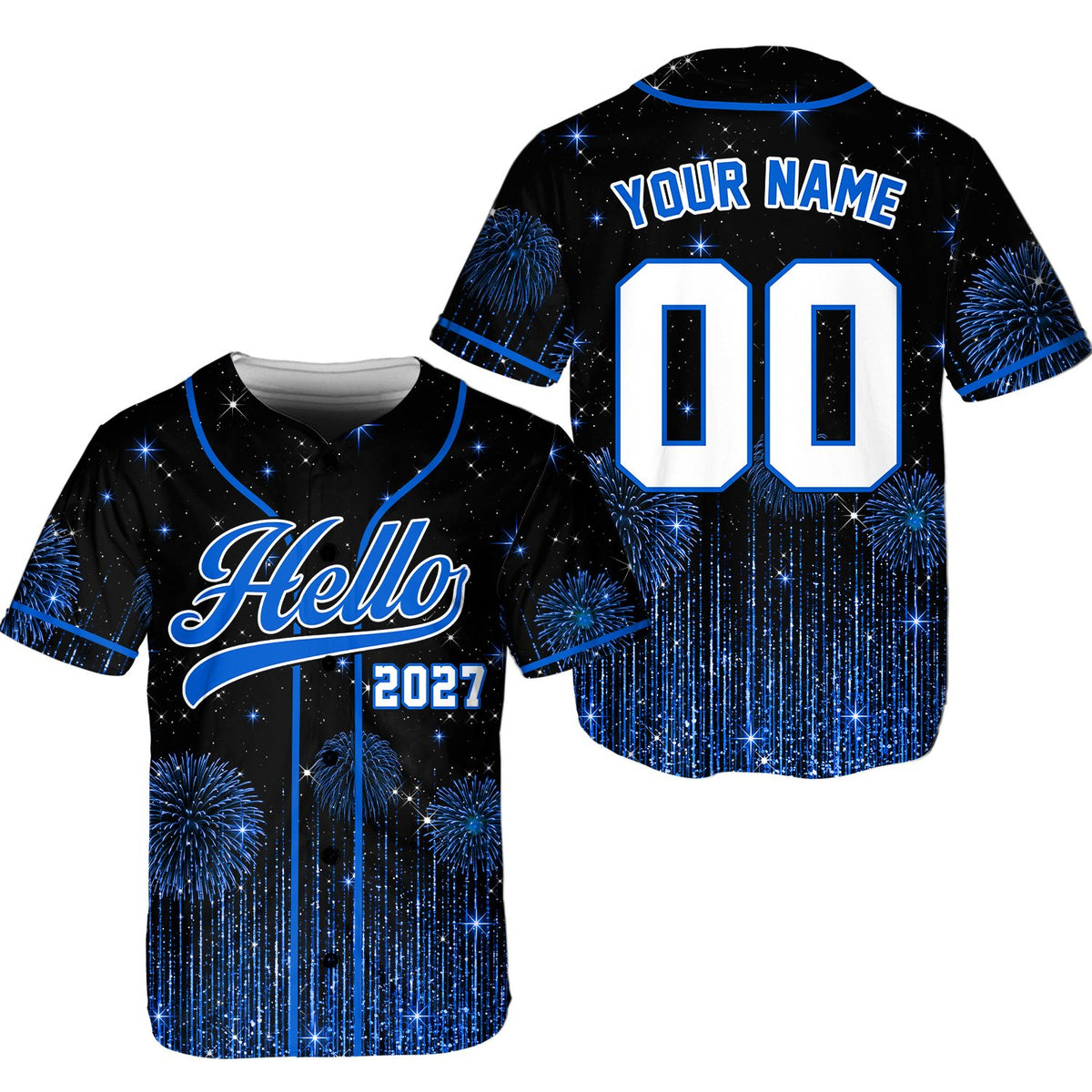 Back view showing custom name and number on the black jersey