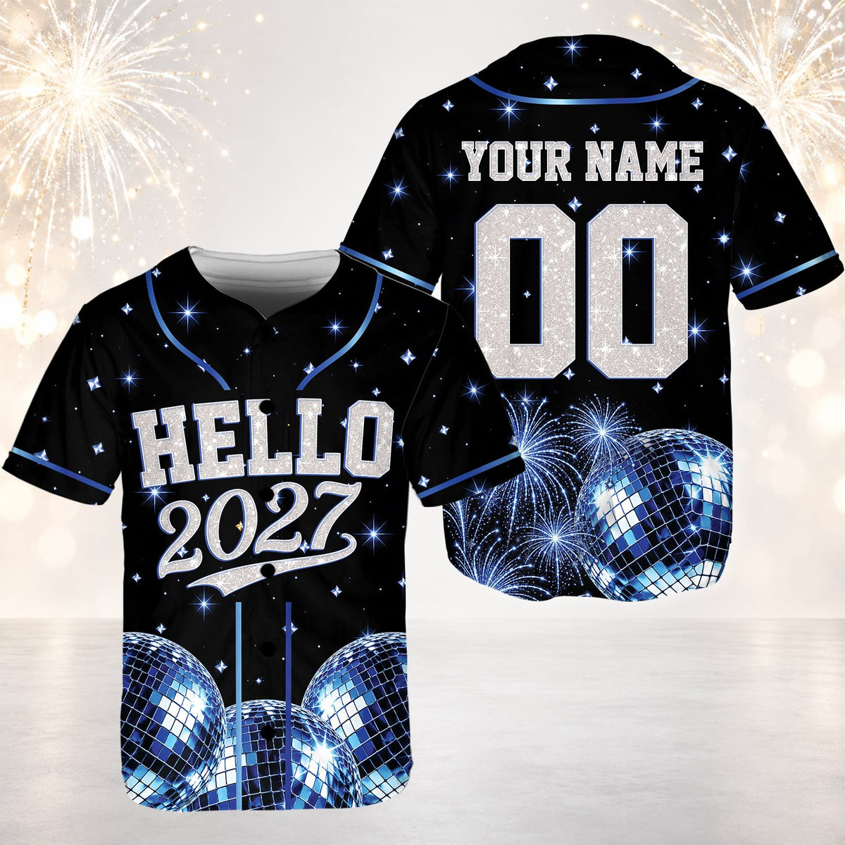 Front view of the custom baseball jersey in black with disco ball design