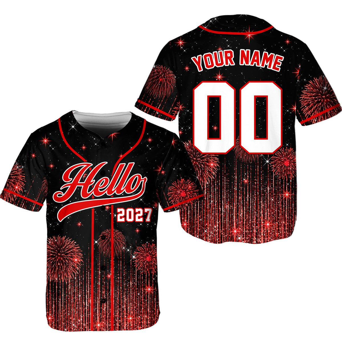 Black new baseball jersey featuring a New Year fireworks design, front view