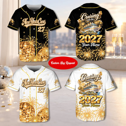 Front of the personalized new year baseball jersey showing New Year Crew graphic