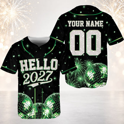 Front view of the custom new year baseball jersey with green accents